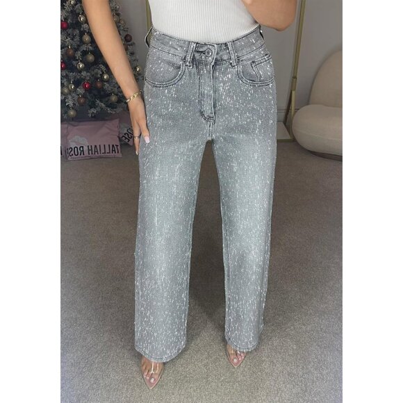 Women Rhinestone High Waisted Jeans Baggy Wide Leg Sparkly Glitter Pants - Picture 4 of 6